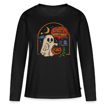 Halloween Ghostly Greetings gruseliger Geist - Frauen Premium Bio Langarmshirt - Schwarz - Vorne - Julia (174cm)
