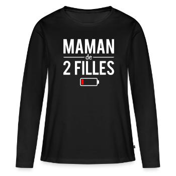 Maman de deux filles parent fatigue humour - T-shirt manches longues Premium bio Femme - noir - Devant - Julia (174cm)
