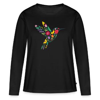 Kolibri Blumen Grafik - Frauen Premium Bio Langarmshirt - Schwarz - Vorne - Julia (174cm)