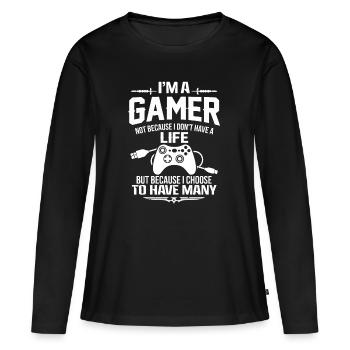 Ich bin ein Spieler, der viele Leben hat - Frauen Premium Bio Langarmshirt - Schwarz - Vorne - Julia (174cm)