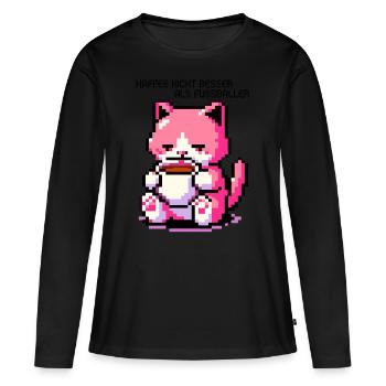 WITZIGE KAFFEE KATZE RETRO GAMING PIXELART - Frauen Premium Bio Langarmshirt - Schwarz - Vorne - Julia (174cm)