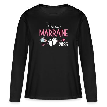 Future Marraine 2025 Cadeau baptême - T-shirt manches longues Premium bio Femme - noir - Devant - Julia (174cm)
