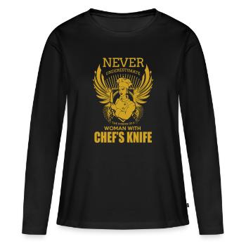 Ne sous-estimez jamais une femme avec un couteau de chef - T-shirt manches longues Premium bio Femme - noir - Devant - Julia (174cm)