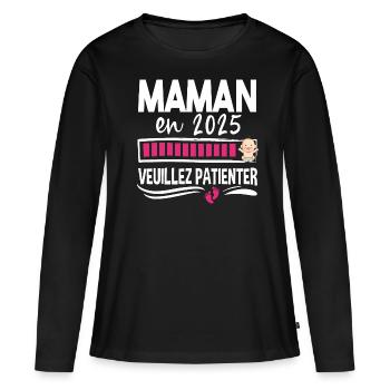 2025 Maman Mère Bébé Naissance Cadeau Grossesse - T-shirt manches longues Premium bio Femme - noir - Devant - Julia (174cm)
