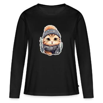 Chat avec chapeau, écharpe, veste et flocons de neige - T-shirt manches longues Premium bio Femme - noir - Devant - Julia (174cm)