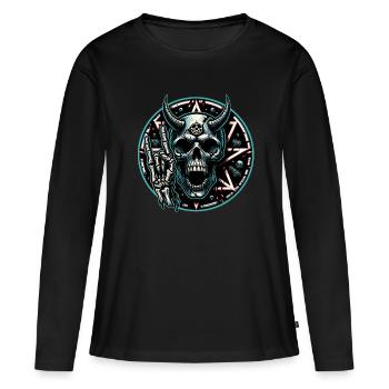 Crâne avec des cornes pentagramme fait des cornes de diable - T-shirt manches longues Premium bio Femme - noir - Devant - Julia (174cm)