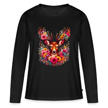 Cerf décoré de fleurs - T-shirt manches longues Premium bio Femme - noir - Devant - Julia (174cm)