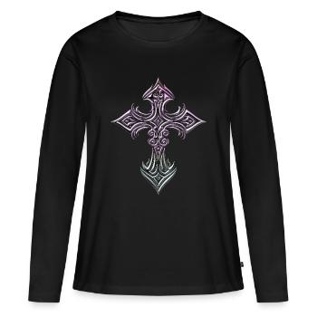 Croix en filigrane irisé - T-shirt manches longues Premium bio Femme - noir - Devant - Julia (174cm)