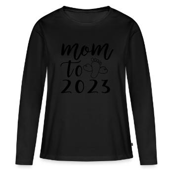 Baby kommt 2023, Schwangerschaft werdende Mama - Frauen Premium Bio Langarmshirt - Schwarz - Vorne - Julia (174cm)
