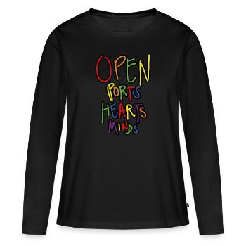 Open Ports Hearts and Minds - Frauen Premium Bio Langarmshirt - Schwarz - Vorne - Julia (174cm)