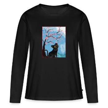 Katzenliebhaber Kirschblüte Japan Kirschbaum - Frauen Premium Bio Langarmshirt - Schwarz - Vorne - Julia (174cm)