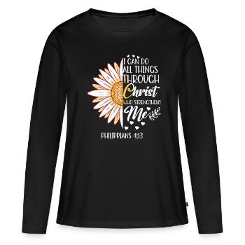 Je peux tout faire à travers la fleur de marguerite du Christ - T-shirt manches longues Premium bio Femme - noir - Devant - Julia (174cm)