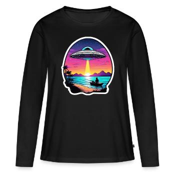 Un OVNI plane au-dessus d’un lac - T-shirt manches longues Premium bio Femme - noir - Devant - Julia (174cm)
