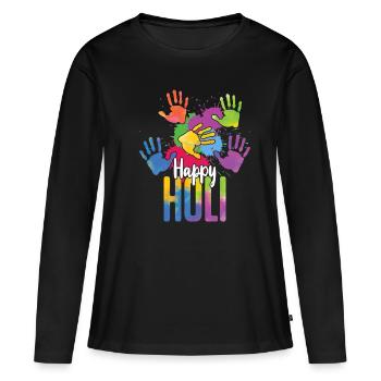 Happy Holi Festival Empreintes de mains colorées - T-shirt manches longues Premium bio Femme - noir - Devant - Julia (174cm)