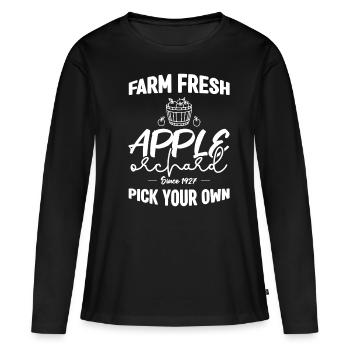 Verger de pommiers frais de la ferme depuis 1927 - T-shirt manches longues Premium bio Femme - noir - Devant - Julia (174cm)