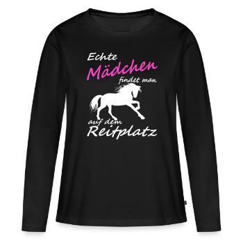 Echte Mädchen findet man auf dem Reitplatz, Reiten - Frauen Premium Bio Langarmshirt - Schwarz - Vorne - Julia (174cm)