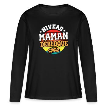 Niveau maman débloqué cadeau humour maman - T-shirt manches longues Premium bio Femme - noir - Devant - Julia (174cm)