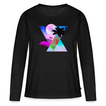 Vaporwave Dolphin 80s hypnotische Sonnenuntergangszene - Frauen Premium Bio Langarmshirt - Schwarz - Vorne - Julia (174cm)