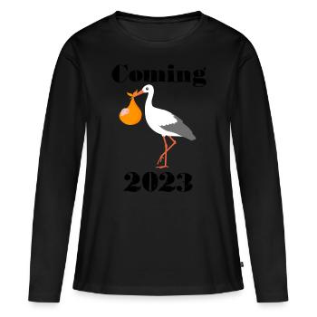 Bébé arrive en 2023, cigogne - T-shirt manches longues Premium bio Femme - noir - Devant - Julia (174cm)