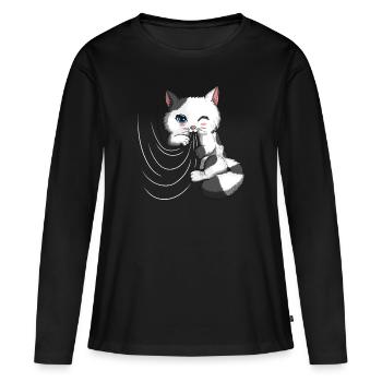 Rideau Mignon Gueule de Bois Joue Couverture Chat Propriétaire - T-shirt manches longues Premium bio Femme - noir - Devant - Julia (174cm)
