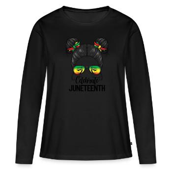 Célébrez Juneteenth Messy Bun Black Juneteenth - T-shirt manches longues Premium bio Femme - noir - Devant - Julia (174cm)