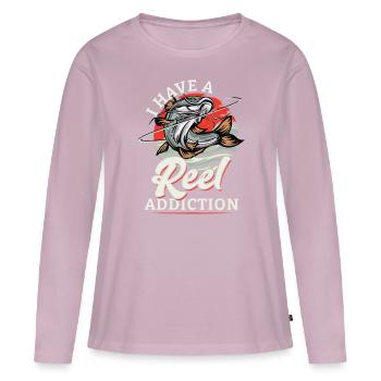J’ai une dépendance à la bobine - Pêche - T-shirt manches longues Premium bio Femme - rose poudré - Devant - Julia (174cm)