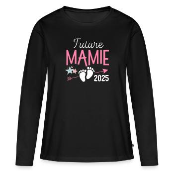 Future Mamie 2025 Cadeau Bientôt Grand-mère - T-shirt manches longues Premium bio Femme - noir - Devant - Julia (174cm)