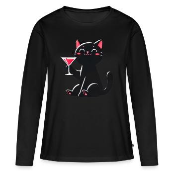 Chat noir heureux avec Martini Illustration - T-shirt manches longues Premium bio Femme - noir - Devant - Julia (174cm)