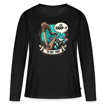 Jeu de mots sur le chat de la harpe - T-shirt manches longues Premium bio Femme - noir - Devant - Julia (174cm)
