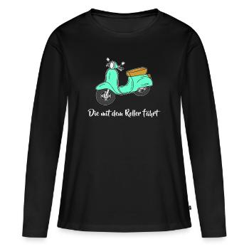 Retro - Die mit dem Roller fährt - Frauen Premium Bio Langarmshirt - Schwarz - Vorne - Julia (174cm)