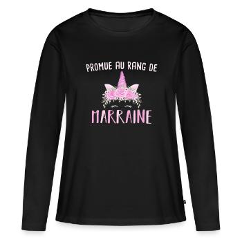 Promue Marraine 2023 - Cadeau Naissance Licorne - T-shirt manches longues Premium bio Femme - noir - Devant - Julia (174cm)