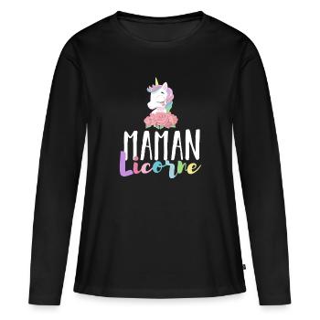Maman Licorne - Cadeau Anniversaire Maman Licorne - T-shirt manches longues Premium bio Femme - noir - Devant - Julia (174cm)