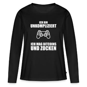 Ich bin unkompliziert ich mag Bitcoins und Zocken. - Frauen Premium Bio Langarmshirt - Schwarz - Vorne - Julia (174cm)