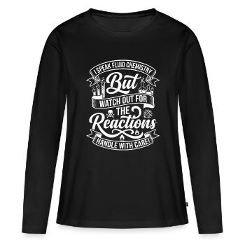 La chimie qui dit : Observez les réactions - T-shirt manches longues Premium bio Femme - noir - Devant - Julia (174cm)