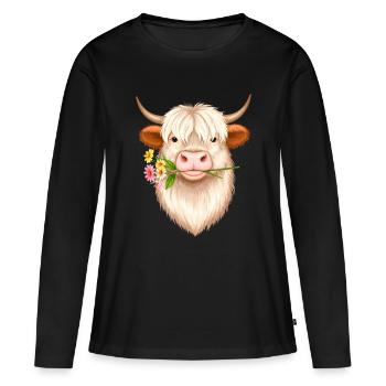 Vache Highland fraîche avec fleurs – style écossais du bétail - T-shirt manches longues Premium bio Femme - noir - Devant - Julia (174cm)