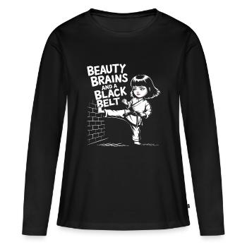 L’élégance rencontre la ceinture noire - T-shirt manches longues Premium bio Femme - noir - Devant - Julia (174cm)