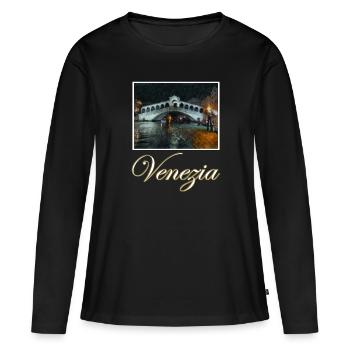 Venise Pont du Rialto Nuit Bateau Art Peinture - T-shirt manches longues Premium bio Femme - noir - Devant - Julia (174cm)