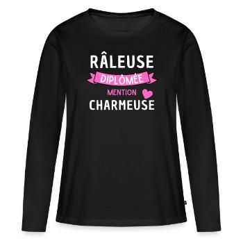 Râleuse diplômée mention charmeuse Humour fun - T-shirt manches longues Premium bio Femme - noir - Devant - Julia (174cm)