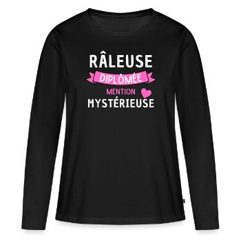 Râleuse diplômée mention Mystérieuse Humour - T-shirt manches longues Premium bio Femme - noir - Devant - Julia (174cm)