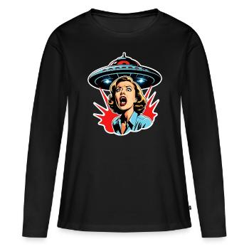 Panische und schreiende Frau wird von UFO entführt. - Frauen Premium Bio Langarmshirt - Schwarz - Vorne - Julia (174cm)