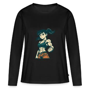 Combattant musclé avec tresse et poing fort - T-shirt manches longues Premium bio Femme - noir - Devant - Julia (174cm)