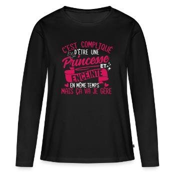 Princesse et enceinte - Cadeau Annonce Grossesse - T-shirt manches longues Premium bio Femme - noir - Devant - Julia (174cm)