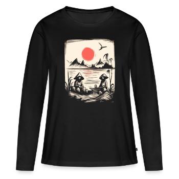 Soleil rouge japonais : pêcheurs et pêcheurs sur le lac - T-shirt manches longues Premium bio Femme - noir - Devant - Julia (174cm)