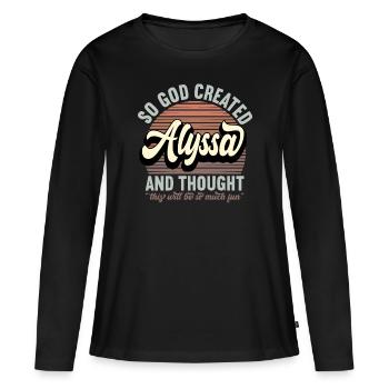 Nom Alyssa Cadeau Anniversaire Dire Drôle - T-shirt manches longues Premium bio Femme - noir - Devant - Julia (174cm)
