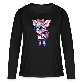 Retour à l’école : Nerd Écolière Cochon - T-shirt manches longues Premium bio Femme - noir - Devant - Julia (174cm)