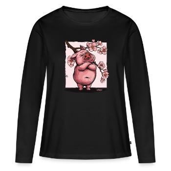 Offended Japanese Sakura Flowers Pig - Women's Premium Organic Long Sleeve Shirt - black - Front - Julia (174cm)