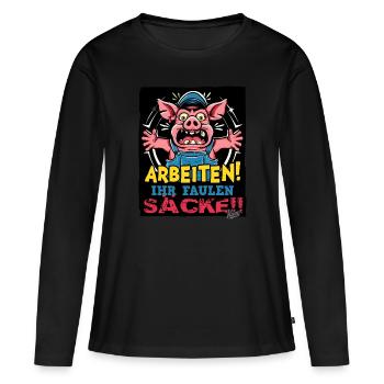 Cochon contremaître, travaillant ses sacs paresseux - T-shirt manches longues Premium bio Femme - noir - Devant - Julia (174cm)