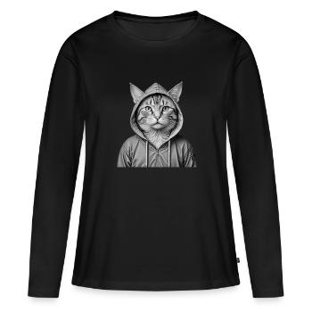 Chat cool portant un sweat à capuche - T-shirt manches longues Premium bio Femme - noir - Devant - Julia (174cm)