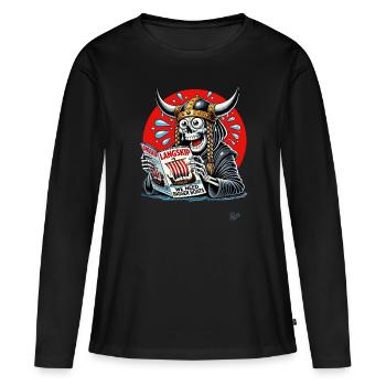 Wikinger-Sensenmann liest Langschiff-Magazin - Frauen Premium Bio Langarmshirt - Schwarz - Vorne - Julia (174cm)