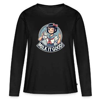 Pouce levé, écolière japonaise avec du lait - T-shirt manches longues Premium bio Femme - noir - Devant - Julia (174cm)